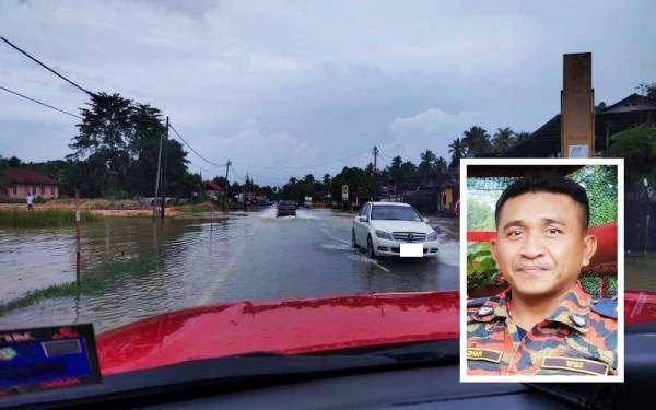 Keadaan terkini di laluan Jalan Pasir Puteh - Kota Bharu berhampiran Kampung Bukit Abal yang telah dilimpahi air ekoran hujan lebat tanpa henti. (Gambar kecil: Azhar Elmi)