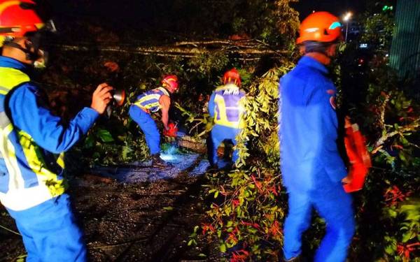 Anggota APM mengalihkan runtuhan bagi mengeluarkan dua buah kenderaan yang terperangkap di Jalan Sultan Abu Bakar dekat Brinchang, Cameron Highlands pada Sabtu. - Foto ihsan APM