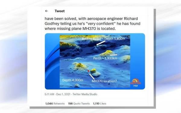Lokasi pesawat MH370 seperti didakwa Richard Godfrey.