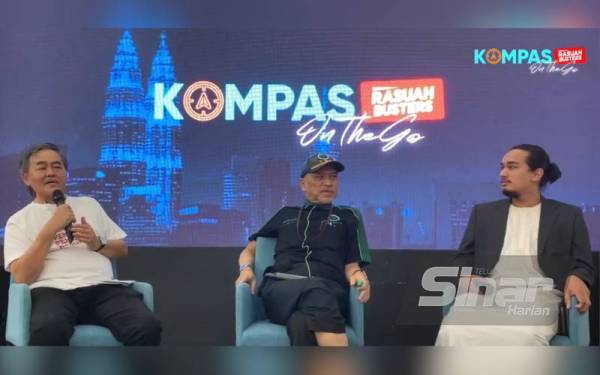 Program 'Kompas On The Go: Angkara Rasuah Bisnes Tidak Berkat' menampilkan Nadzim (tengah) dan Amirul Ikman (kanan), sementara Norden (kiri) bertindak selaku moderator.