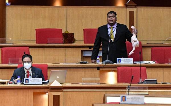 Muhamad Arafat mengangkat seekor ayam segar ketika sesi perbahasan Belanjawan 2022 Perak ketika Mesyuarat Kedua, Tahun Keempat Dewan Negeri Perak ke-14 di sini pada Selasa.
