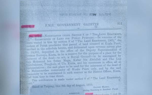 Lot tanah perkuburan Islam diwartakan oleh pihak pentadbiran Negeri-Negeri Melayu Bersekutu pada 8 Ogos 1910.