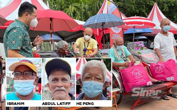 Seramai 80 pengayuh beca menerima bantuan bakul makanan daripada One Hope Charity and Welfare di Lebuh Acheh, Georgetown pada Khamis. (Gambar kecil: Mohamad Ibrahim, Abdul Latiff dan He Peng)