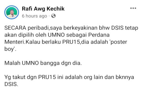Tangkap layar hantaran di Facebook Rafi pada Jumaat.