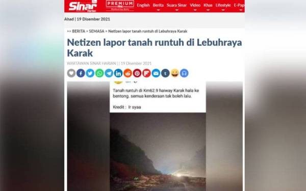 Beberapa netizen melaporkan berlaku tanah runtuh di Kilometer 62.9 Lebuhraya Karak menghala ke Bentong.

