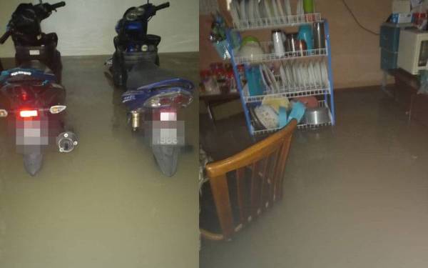 Motosikal milik Mohd Amir yang ditenggelami banjir. Keadaan rumah penduduk yang dinaiki air pada Ahad.