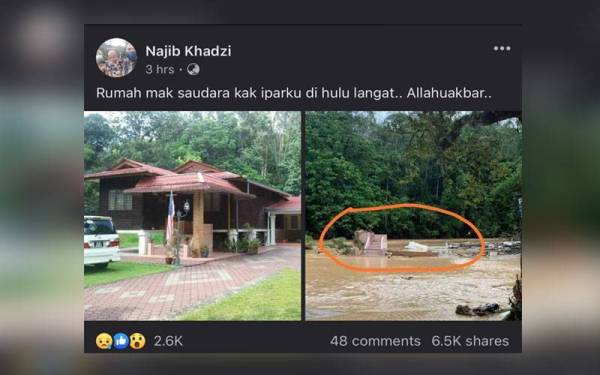 Pengguna laman Facebook dikenali dengan nama Najib Khadzi memaklumkan rumah ibu saudara kakak iparnya di Hulu Langat hilang dari pandangan.