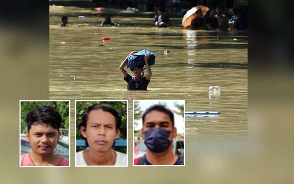 Kelihatan mangsa banjir meredah air untuk menyelamatkan diri ketika tinjauan di Taman Seri Muda Seksyen 25 pada Isnin. - Foto Bernama, gambar kecil dari kiri: Alim, Ramadan, Zaidi