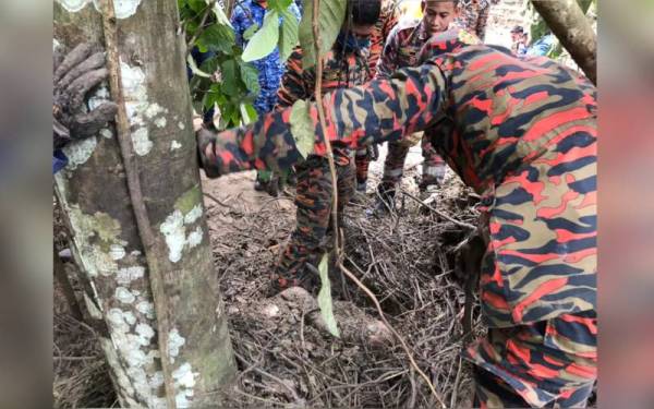 Anggota bomba membantu mengeluarkan mayat mangsa yang tertimbus.