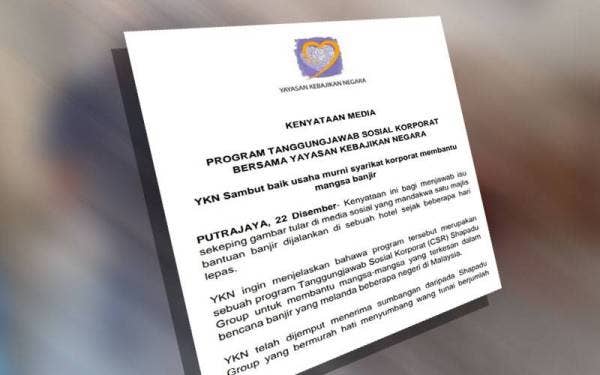 Tangkap layar kenyataan YKN berkenaan terhadap gambar tular berkenaan majlis penyerahan bantuan kepada mangsa banjir di hotel pada Rabu.