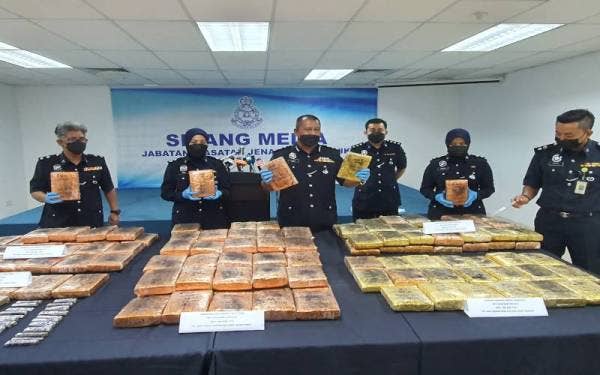 Shafee (tiga dari kiri) bersama pegawai penyiasat menunjukkan ganja yang dirampas pada sidang akhbar di Ibu Pejabat Polis Daerah SPT, Bukit Mertajam pada Jumaat.