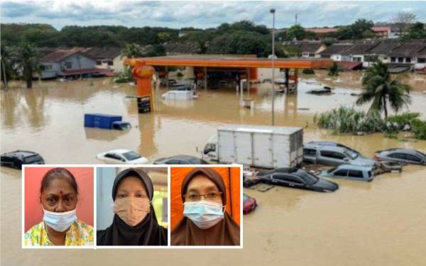 Keadaan banjir yang melanda Taman Sri Muda, baru-baru ini. (Gambar kecil) dari kiri: Arokiamary Santanam, Noor Akhidah, Marsita Bahran)
