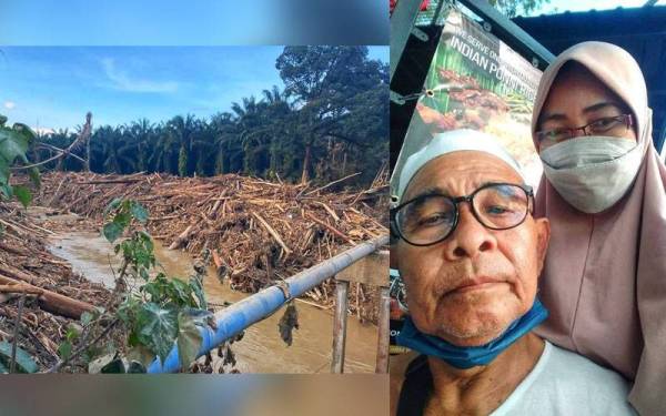 Suasana di Sungai Telemong, Bentong yang menyaksikan lima buah kenderaan terperangkap di atas Jambatan Telemong sebelum dihanyutkan arus deras pada Ahad. Ahmad Yahya (kiri) yang masih belum ditemui.