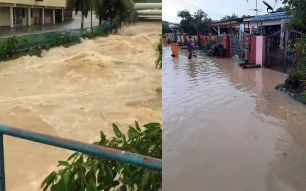 Gambar kiri: keadaan air deras di sebuah sungai di Kajang susulan hujan lebat pada Isnin. Gambar kanan: banjir kilat di Rumah Murah Taman Lembah Mewah.