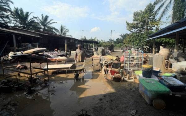 Penduduk kampung, Roslin Pahing, 52, melakukan kerja-kerja pembersihan selepas rumah pusakanya dilanda banjir ketika tinjauan di Kampung Labohan Dagang Kuala Langat, Banting - Foto Bernama