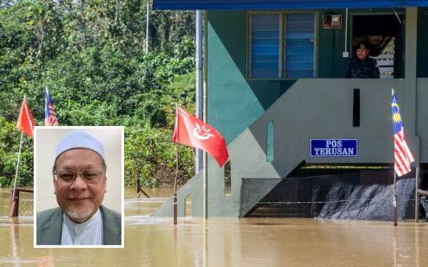 Pos Kawalan PGA Pos Terusan telah dinaiki air sungai Golok baru-baru ini. - Foto Bernama (Gambar kecil: Datuk Mohd Amar Nik Abdullah)
