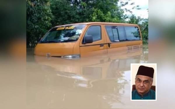 Keadaan sebuah van sekolah yang ditenggelami air dalam kejadian banjir baru-baru ini. Gambar kecil: Mohd Haron