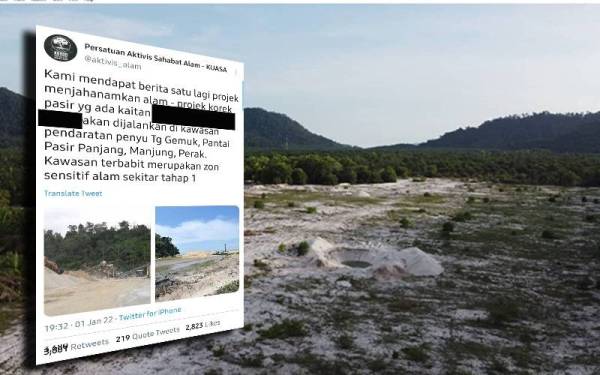 Difahamkan projek perlombongan pasir membabitkan kawasan seluas 121 hektar di Pantai Pasir Panjang. Foto ihsan Kuasa. (Gambar dalam) Kuasa memaklumkan terdapat projek yang dijalankan di kawasan pendaratan penyu.