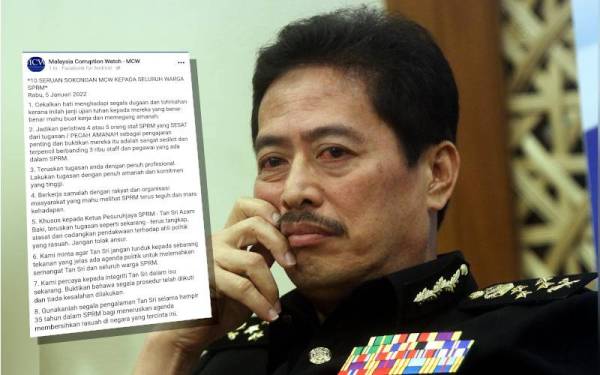 Tangkap layar hantaran MCW di Facebook pada Rabu. Azam Baki