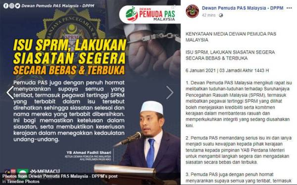 Kenyataan dimuat naik Ahmad Fadhli di Facebook beliau pada Khamis.