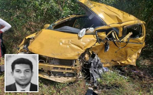 Keadaan Perodua Myvi yang dinaiki mangsa dalam nahas yang berlaku di Kilometer 91.1, Jalan Kuala Terengganu-Kuantan, berhampiran Air Hitam di Dungun pada Isnin. (Gambar kecil: Mohamad Haszaniza)