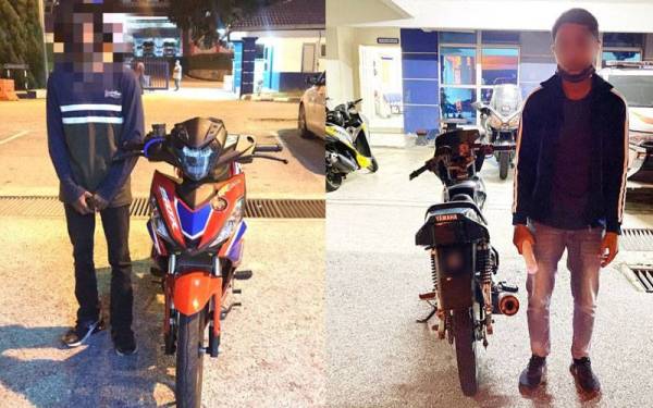 Polis tahan dua lelaki dalam Op Samseng Jalanan di dua lokasi berasingan di Jalan Persiaran Senawang 1 dan Jalan Rasah pada Sabtu malam. - Foto JSPT NS