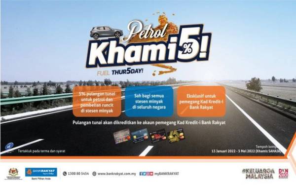 Pemegang Kad-Kredit-i Bank Rakyat menikmati tawaran pulangan tunai lima peratus pada setiap hari Khamis.