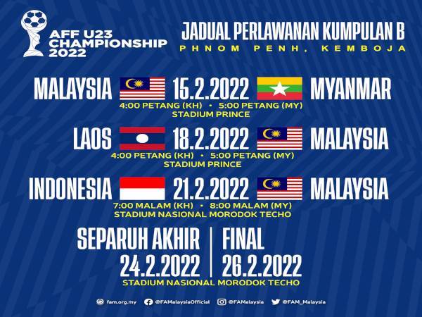 Jadual Harimau Muda di Kejuaraan B-23 AFF 2022 di Phnom Penh.