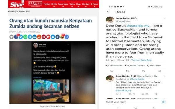 Sebelum ini kenyataan lebih banyak orang utan bunuh manusia berbanding haiwan itu dibunuh di negara ini oleh Menteri Perusahaan Perladangan dan Komoditi, Datuk Zuraida Kamaruddin mengundang pelbagai kecaman netizen. Ciapan dimuat naik June di Twitter pada Khamis.