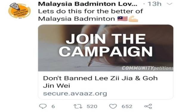 Kempen petisyen di avaaz.org Community Petitions bertajuk 'Jangan Gantung Lee Zii Jia & Goh Jin Wei'.