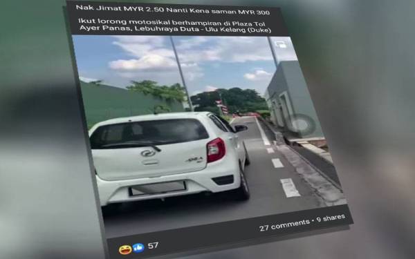 Tangkap layar video tular di media sosial mengenai sebuah kereta melalui laluan motosikal berhampiran Plaza Tol Ayer Panas, Lebuhraya Duke, Kuala Lumpur.