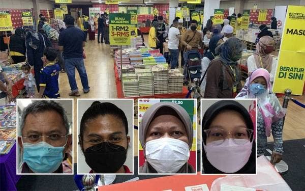 Suasana pada hari terakhir Jualan Gudang Karangkaf 2022 di Kompleks Kumpulan Karangkraf, Seksyen 15 Shah Alam, Selangor dengan SOP dipatuhi oleh para pengunjung. Gambar kecil dari kiri: Rosli, Ahmad Khushairi, Roziyana, Nur Nadia