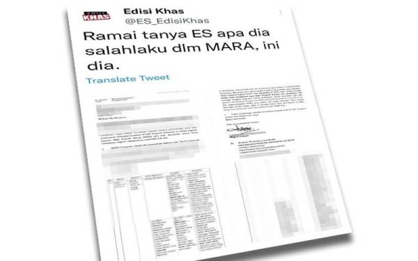 Pendedahan itu dilakukan oleh pemilik akaun @ES_EdisiKhas yang melampirkan enam helai surat tersebut berhubung integriti pegawai-pegawai Mara.