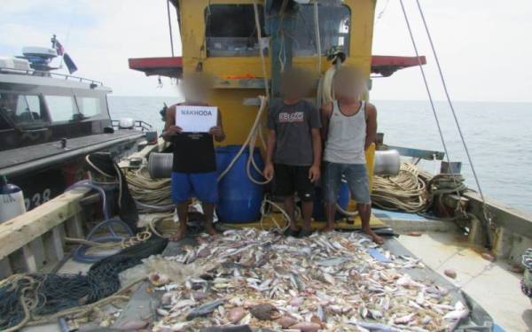 Suspek bersama bot, peralatan menangkap ikan dan hasil laut ditahan untuk tindakan lanjut. Foto: ihsan Maritim Malaysia