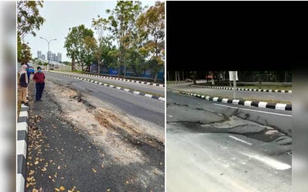 Pengarah Kejuruteraan MPKj turun meninjau jalan rosak di Bukit Mahkota pada Selasa dan gambar kanan, paparan video tular jalan rosak di kawasan tersebut. (Kanan: Video tular jalan rosak di Bukit Mahkota.)