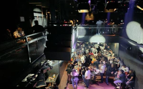 Antara pengunjung yang diperiksa dalam serbuan ke atas sebuah pisat hiburan di Bangsar, Kuala Lumpur.