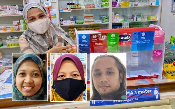 Pekerja farmasi menunjukkan bekalan ubatan parasetamol yang sudah kehabisan susulan permintaan tinggi daripada pengguna. Gambar kecil dari kiri: Dalila Sari, Zuraida, Mutalib