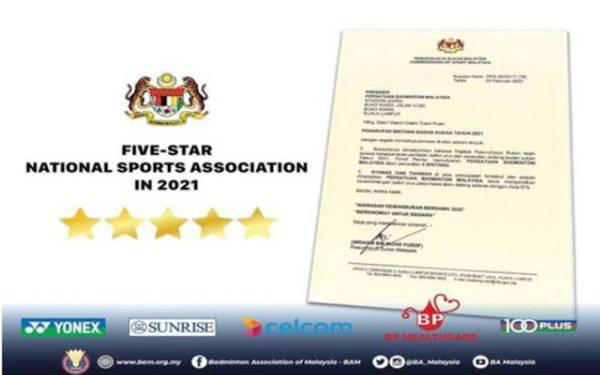 BAM diberi penarafan lima bintang bagi tahun 2021 oleh Pesuruhjaya Sukan (PJS). - Foto BAM