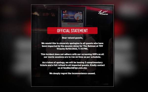 Permohonan maaf TGV kepada penonton terjejas ketika tayangan filem ‘The Batman’ di TGV Vivacity Kuching, Sarawak pada Sabtu lalu yang dimuat naik di Twitter.