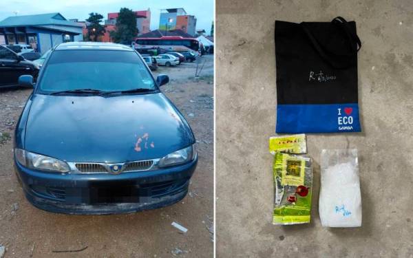 Dua suspek dipercayai mengedar dadah menggunakan sebuah kereta jenis Proton Wira di Tanah Merah. Gambar kecil: Dadah jenis syabu yang dirampas.