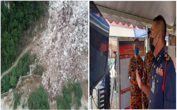 Keadaan kawasan runtuhan batu kuari dari Unit Dron JBPM. Foto: Bomba Perak. (Gambar kanan) Azmi melihat skrin tinjauan Unit Dron di lokasi runtuhan batu kuari di Simpang Pulai.