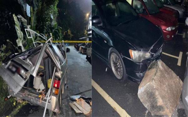 Lapan kenderaan rosak teruk setelah ditimpa bongkah batu yang jatuh dari bukit berhampiran dalam kejadian di Pangsapuri Taman Bukit Permai, Pandan Indah awal pagi tadi.