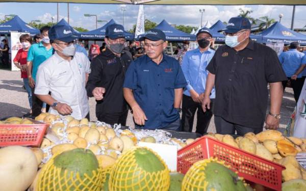 Ronald (tengah) ketika meninjau gerai-gerai semasa program Kementerian Pertanian dan Industri Makanan dan Majlis Pemulihan Negara Bersama Komuniti Agromakanan Johor di Kompleks Sukan Pagoh, pada Jumaat.