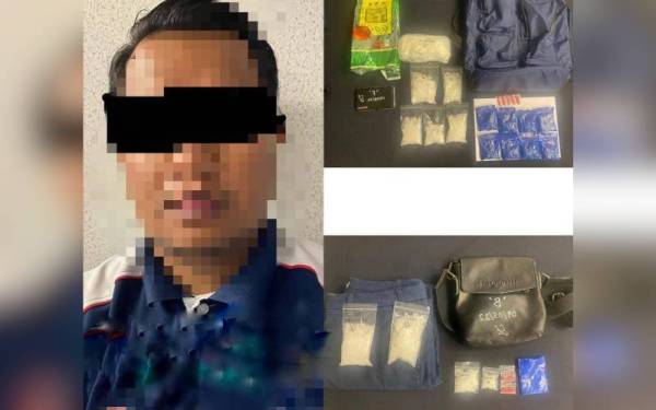 Pekerja kilang yang ditahan kerana disyaki pengedar dadah dan polis turut menemui syabu serta pil kuda. (kanan).