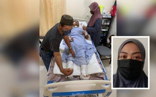 Mashor dan Hanitah merapikan Fendy yang terlantar akibat kemalangan. (Gambar kecil: Nurfazlin)