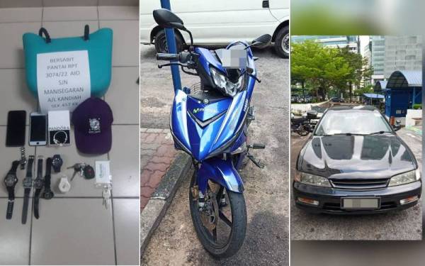 Antara barang dan kenderaan yang dirampas oleh pihak polis.
