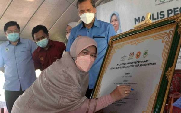 Zuraida menandatangani plak perasmian pada Majlis Perasmian Pecah Tanah Pusat Pemprosesan Getah Krip di Kampung Lubuk Merbau, Pedu pada Ahad. - Foto Bernama