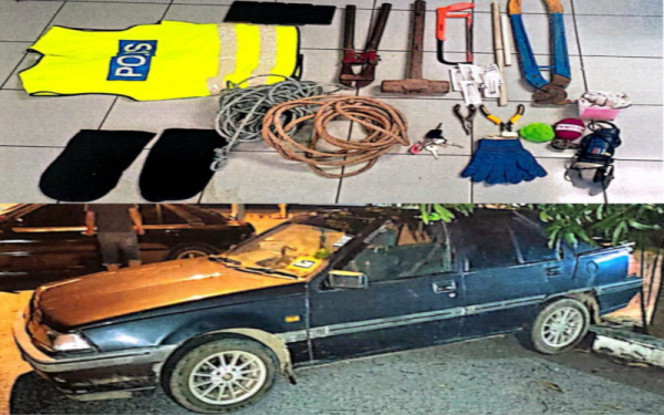 Antara barang rampasan yang disyaki mempunyai kaitan dengan kes curi kabel di Baling. (gambar atas), Kereta yang disyaki digunakan suspek dalam kegiatan curi kabel di Baling, Kedah. (gambar bawah)