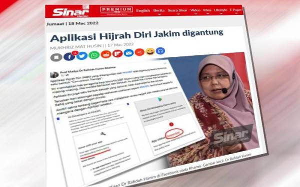 Sinar Harian pada Khamis melaporkan aplikasi Hijrah Diri daripada Jakim telah digantung akibat maklum balas negatif daripada pihak-pihak tertentu yang mendakwa ia merupakan satu bentuk ‘conversion therapy’ (terapi penukaran).