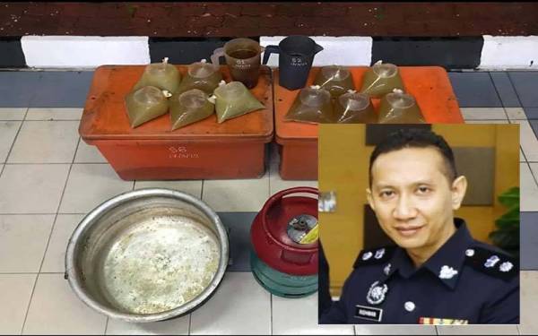 Antara perkakas dan air ketum yang dirampas menerusi serbuan di sebuah bengkel cat motosikal di kawasan Kebun Baru, Telok Panglima Garang pada Khamis. Gambar kecil: Ahmad Ridhwan